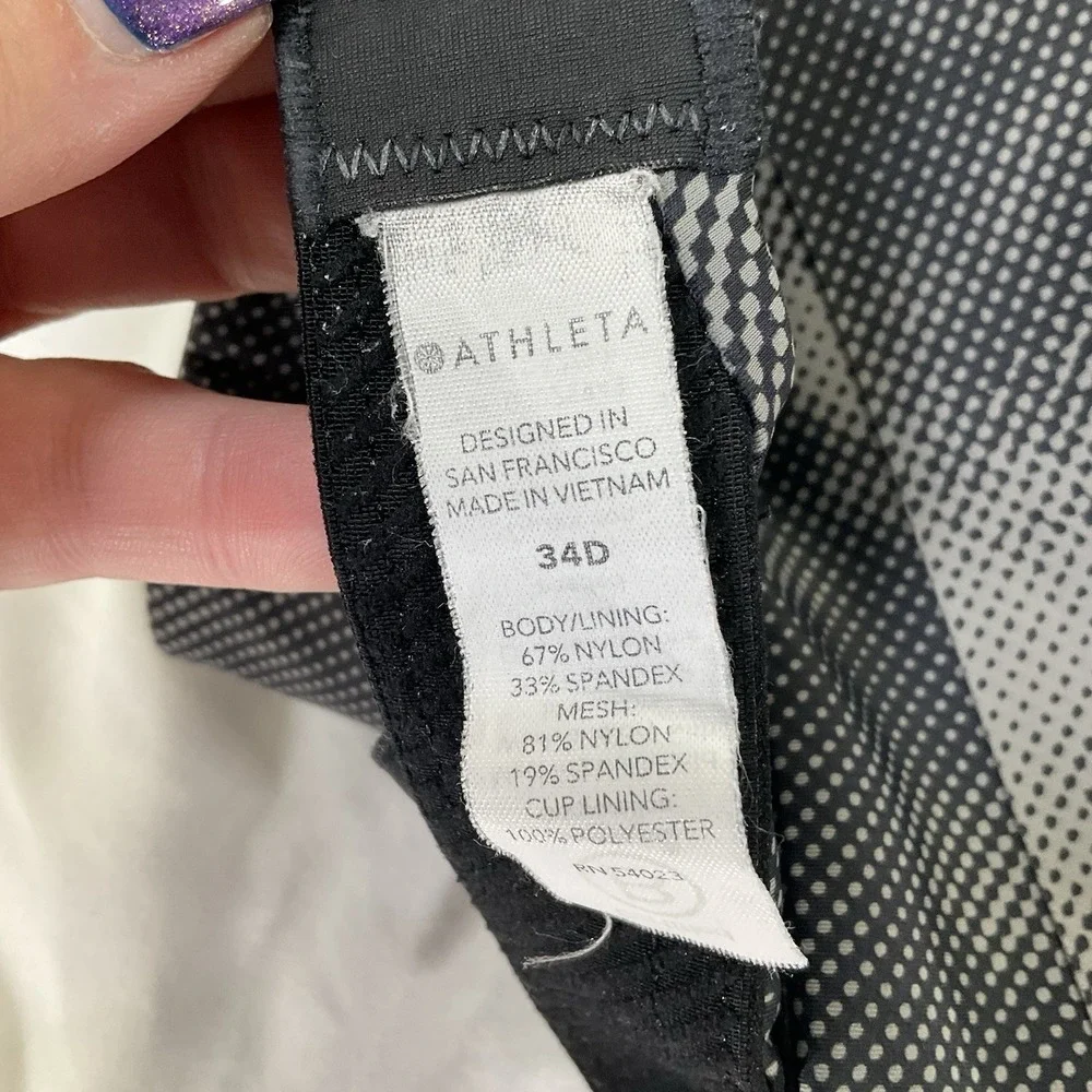 ATHLETA Printed Advance Bra Size 34 D Black Gray Adjustable Straps Athletic 432